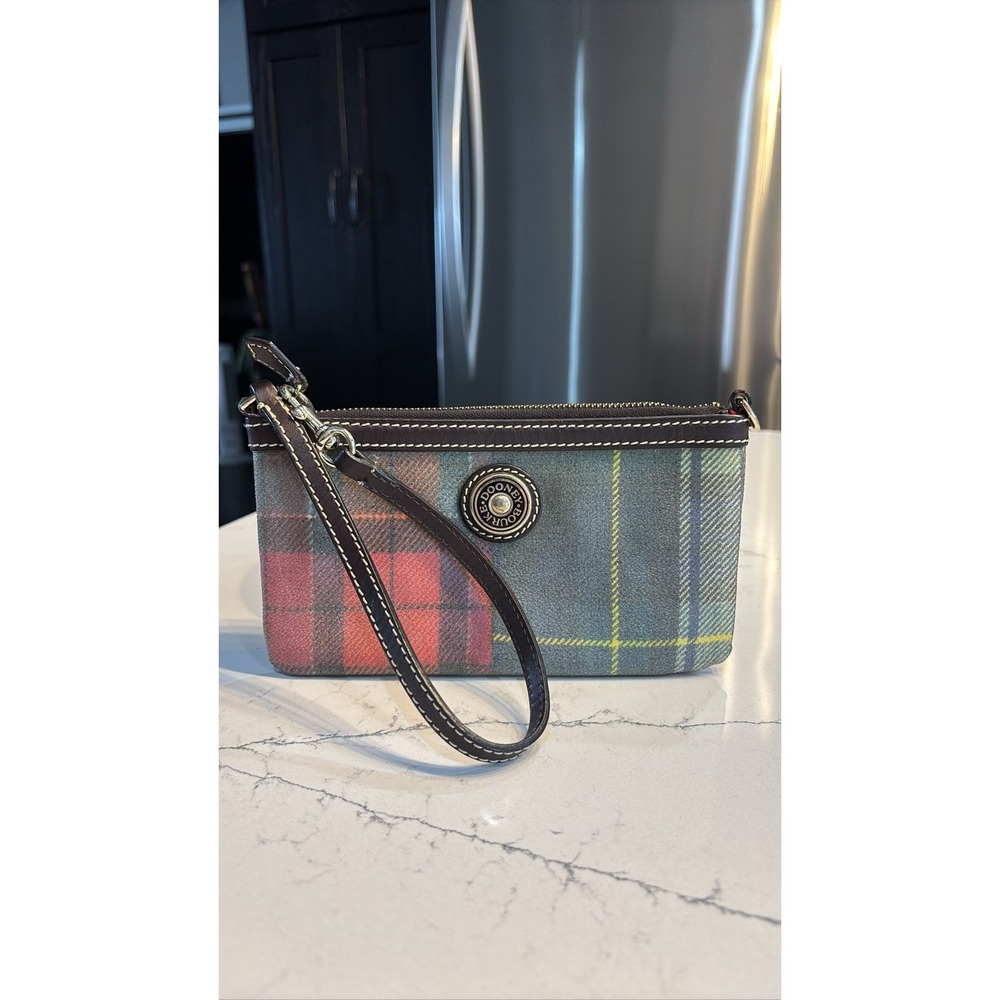 Dooney & Bourke Tartan Plaid Canvas Wristlet Clutch Leather Trim